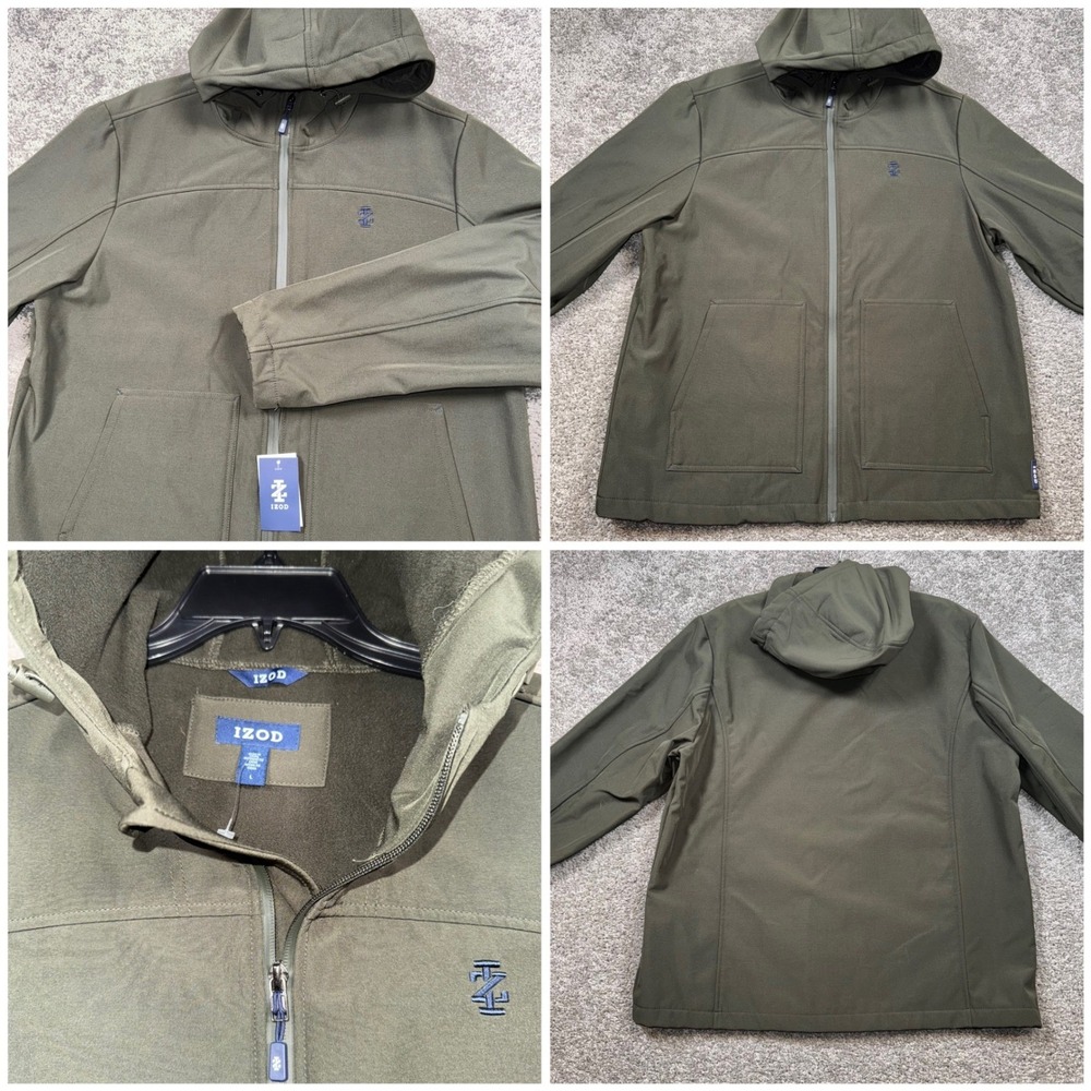 IZOD Mens Softshell Hooded Jacket Deep Forest Green Full Zip Size Large NEW